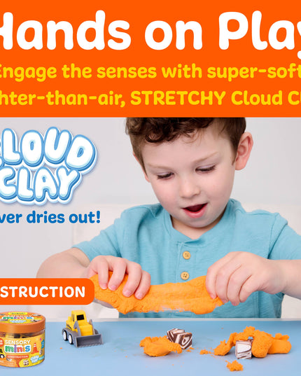 Child playing with Cloud Clay, a super-soft, lighter-than-air material, on a white background.