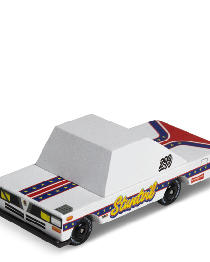 Model of a race car with a white body, red and blue accents, and 'Studebaker' branding on a white background.