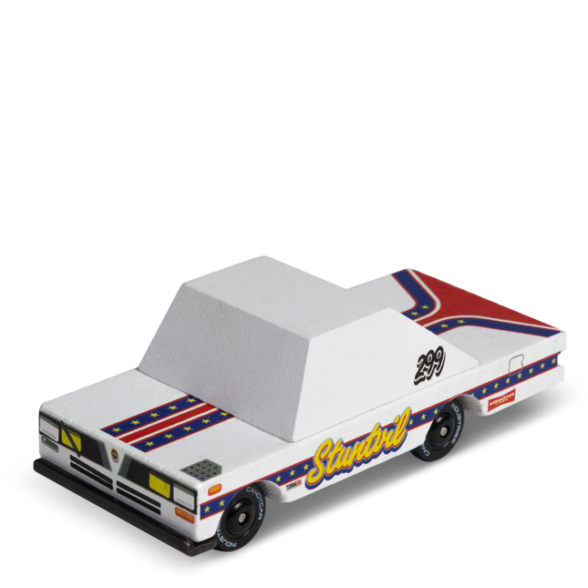 Model of a race car with a white body, red and blue accents, and 'Studebaker' branding on a white background.
