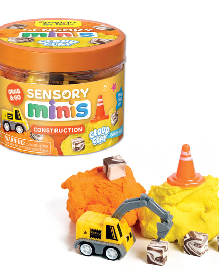 Sensory minis construction cloud clay set with toy truck and cone on a white background