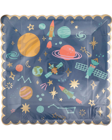 Decorative paper plate with space-themed illustrations on a white background