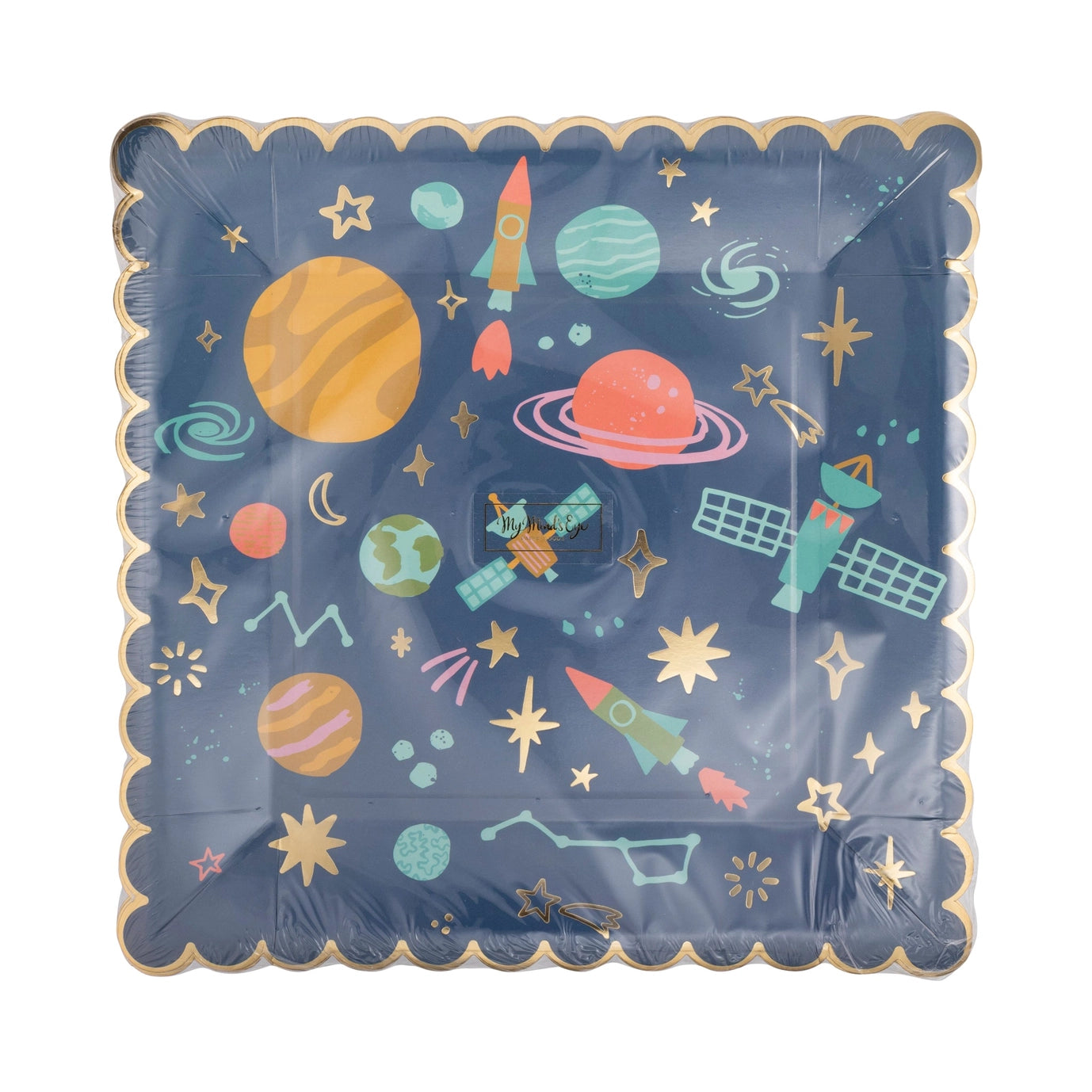Decorative paper plate with space-themed illustrations on a white background