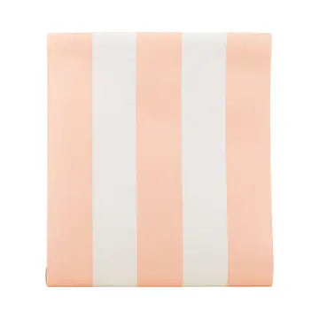 Folded table runner with pink and white vertical stripes on a white background