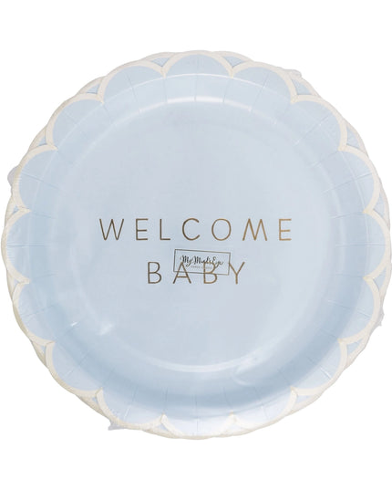 Blue plate with 'Welcome Baby' text on a white background