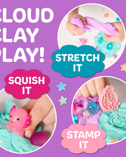Promotional image for cloud clay play with text and images of hands interacting with colorful clay.