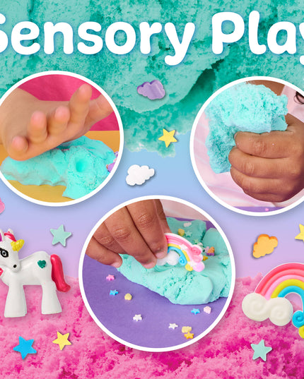 Sensory play activity with blue and pink materials, unicorn figurine, and rainbow elements on a colorful background.
