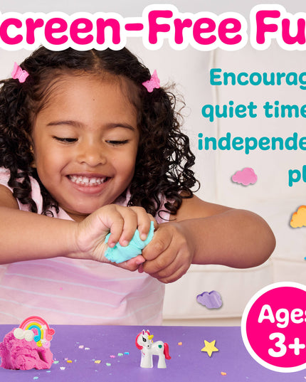 Child playing with play dough, surrounded by text promoting screen-free fun and independent play.
