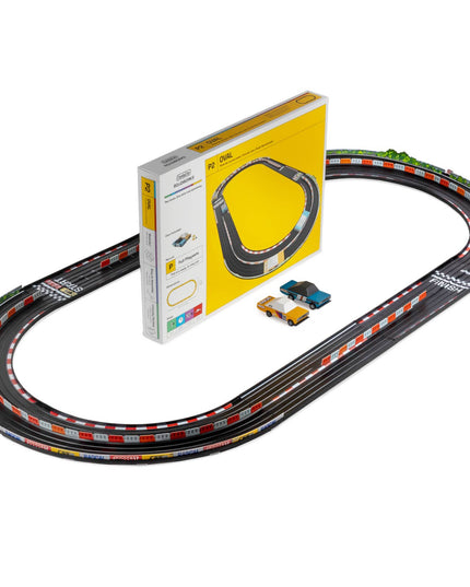 Toy race track set with a yellow packaging box on a white background