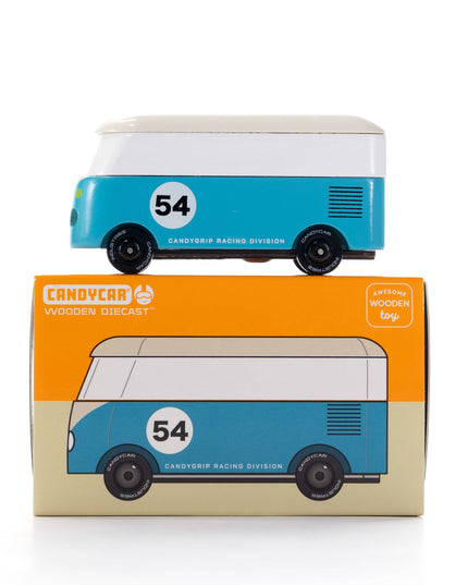 Blue toy car with white number 54 on a matching box, both branded 'Candy Car'.