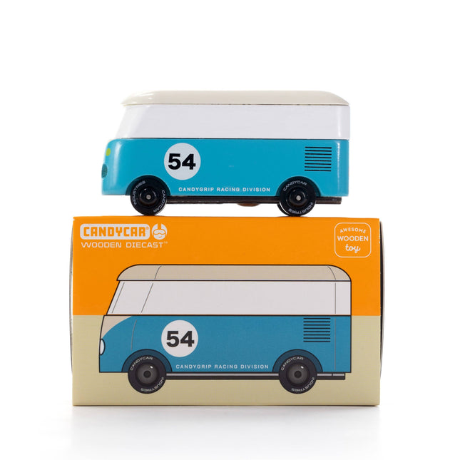 Blue toy car with white number 54 on a matching box, both branded 'Candy Car'.