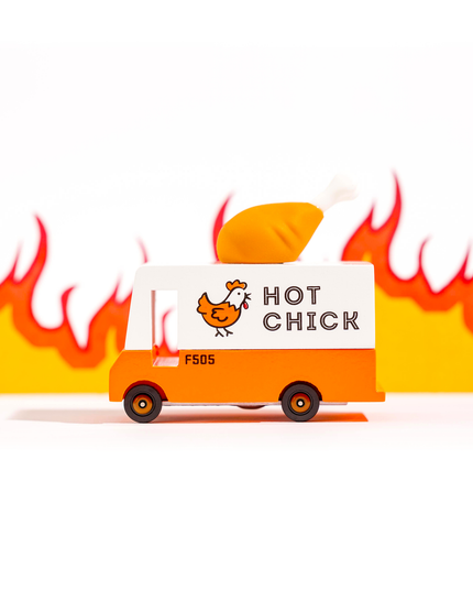 Van with 'Hot Chick' branding on a white background with flames.