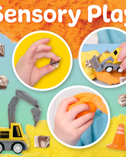 Sensory play activities with hands, toys, and construction-themed items on a colorful background.