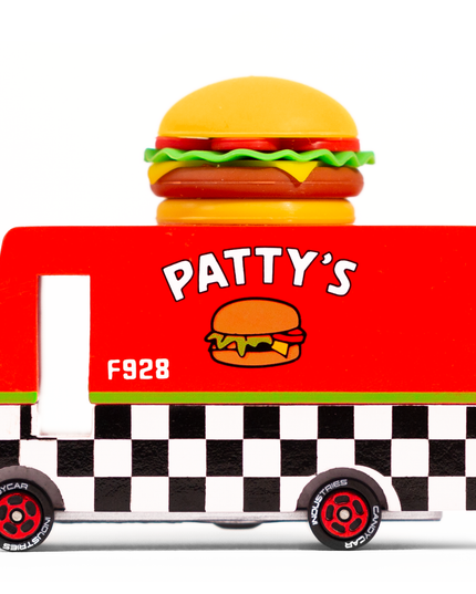 Toy truck with a burger design on a white background