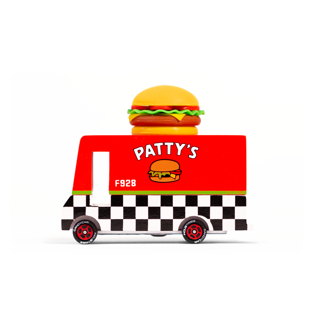 Toy truck with a burger design on a white background