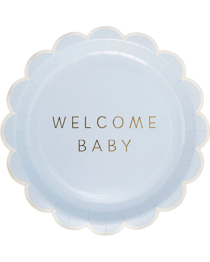 Round blue balloon with 'Welcome Baby' text on a white background