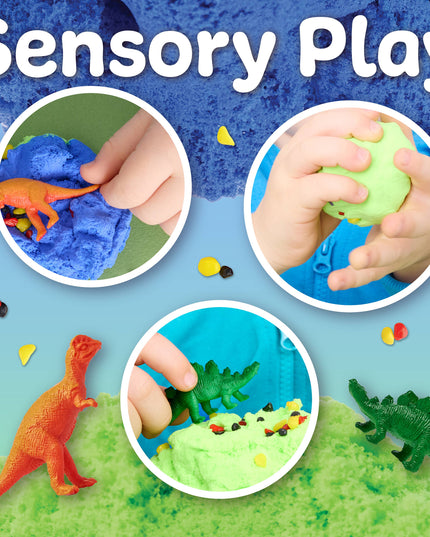 Sensory play activities with dinosaurs and colorful substances on a blue background.
