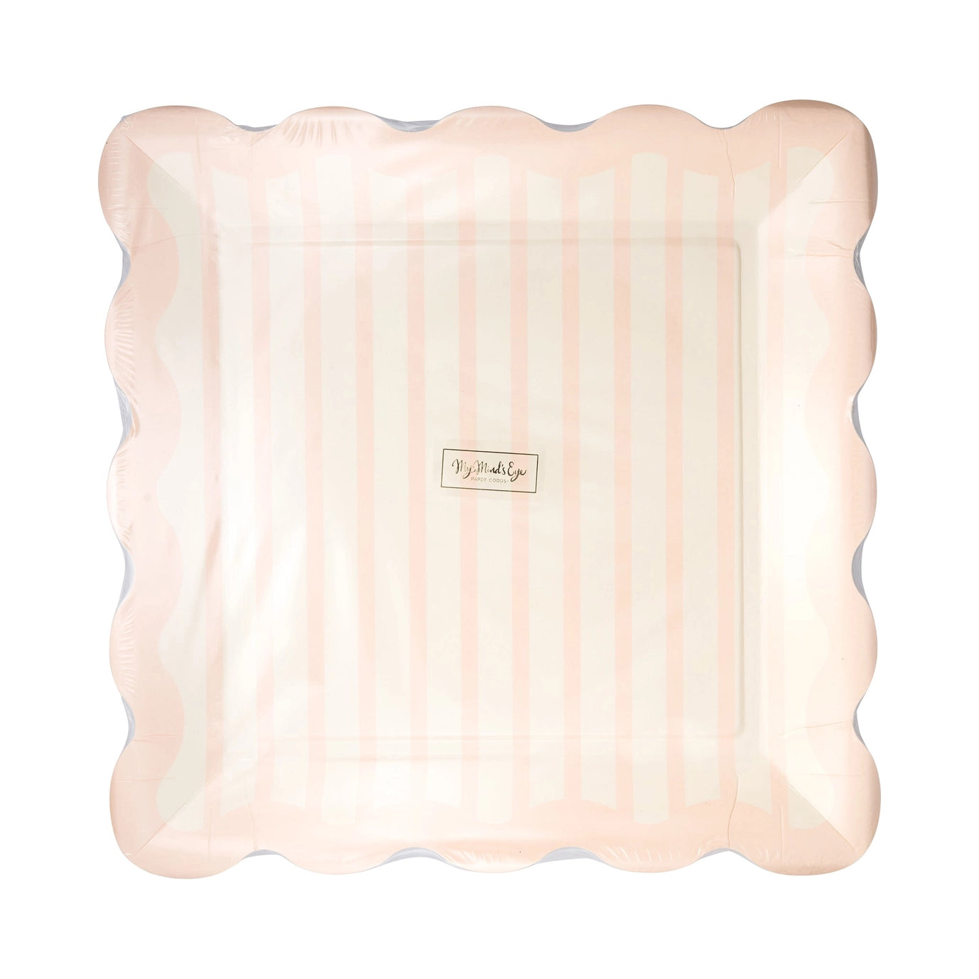 Pink scalloped edge paper plate with a brand label on a white background